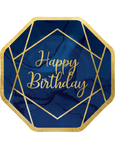 Assiettes de fête “Happy Birthday” Bleu Marine et Or – vaisselle anniversaire | BelleFete.ch