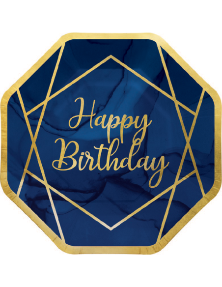 Assiettes de fête “Happy Birthday” Bleu Marine et Or – vaisselle anniversaire | BelleFete.ch