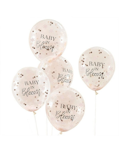 bambino in fiore palloncini coriandoli baby shower