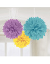 Pompons colorés décoration de fête violet jaune bleu à suspendre