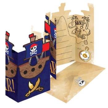 Biglietti d'invito pirata per compleanno bambino, motivi colorati e tema pirata