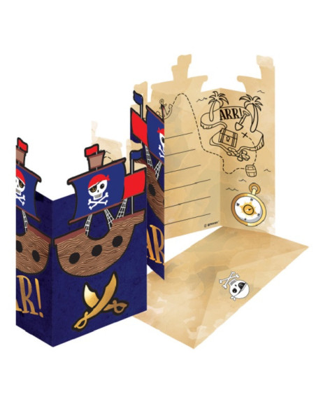 Cartes d’invitation Pirate pour anniversaire enfant, motifs colorés et thème pirate