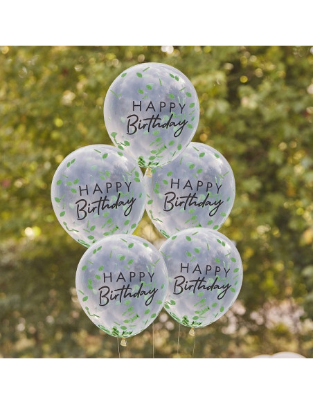 Palloncini di compleanno con coriandoli di foglie verdi - Bellefete.ch - Svizzera - Decorazioni per feste