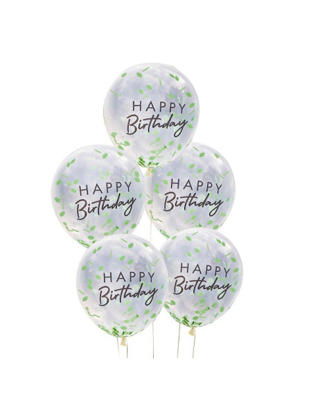 Palloncini di compleanno con coriandoli a forma di foglia verde