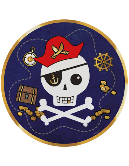Piatti di festa in carta pirata per compleanno bambino, motivi colorati e tema pirata