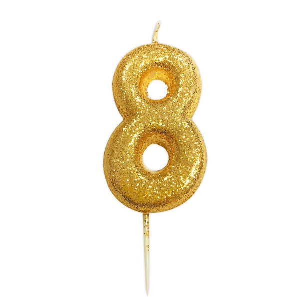 Candela di compleanno numero 8 con glitter dorati