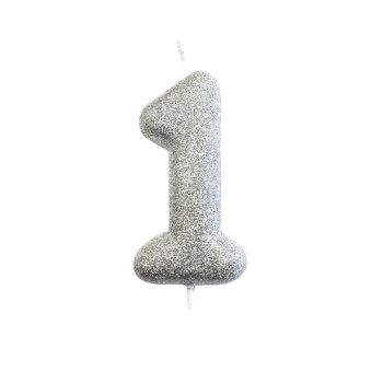 Candela di compleanno numero “1” con glitter Argento – decorazione festiva per torta | BelleFete.ch
