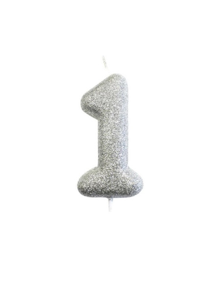 Candela di compleanno numero “1” con glitter Argento – decorazione festiva per torta | BelleFete.ch