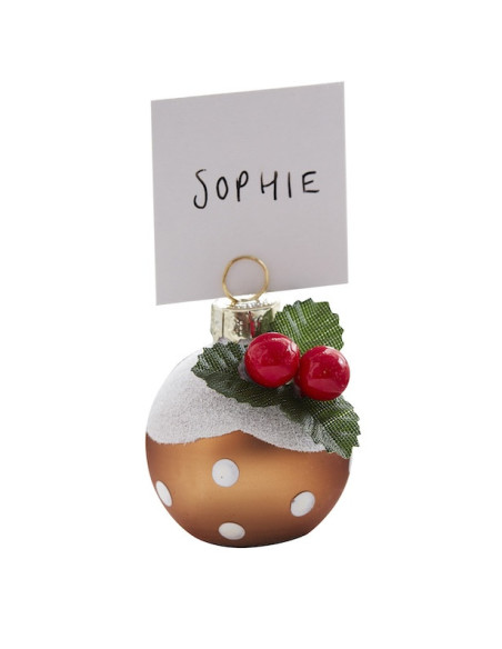 Marque-places Boule de Noël en forme de boule décorative dorée avec neige, feuilles vertes et baies rouges décorant le haut, éti
