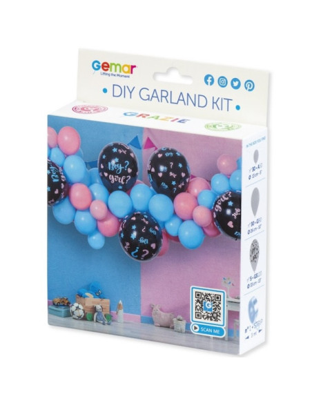 DIY Girlanden-Kit: Ballonbogen für Babyparty-Geschlechtsenthüllung von BelleFete.ch, mit bunten Luftballons und QR-Code.