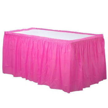 Pinkfarbener Tischrock als Tischdekoration, Verpackung mit Abbildung und Maßen 29 IN x 14 FT bzw. 73 cm x 4,26 m. 2
