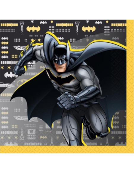 Serviettes d’anniversaire Batman, motif chauve-souris jaune avec ville de Gotham