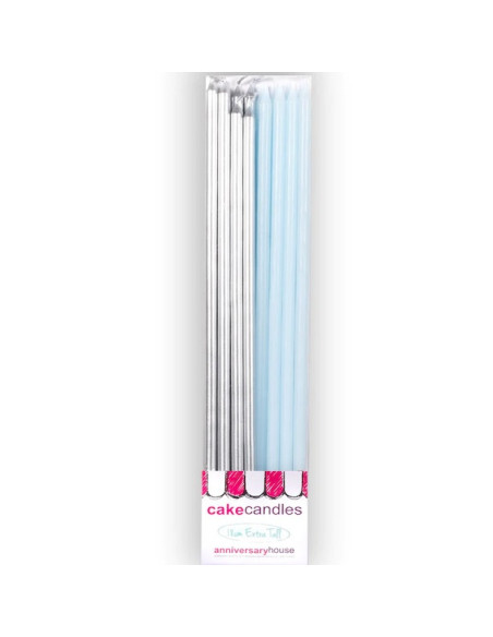 Candele extra alte color blu pastello e grigio metallizzato - Decorazione per torta