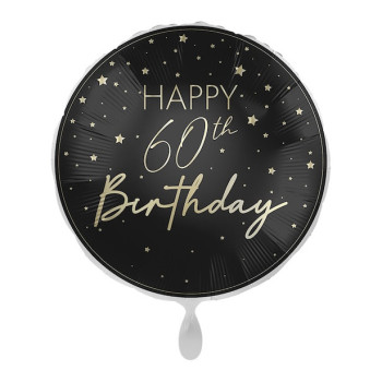 Schwarzer Ballon zum 60. Geburtstag mit Goldschrift „Happy 60th Birthday“ vor goldener Hintergrunddekoration 2