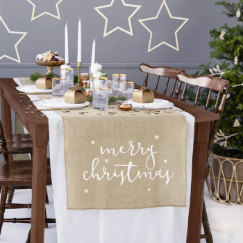 Chemin de table en jute Merry Christmas