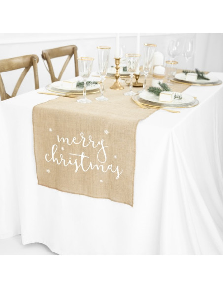 Chemin de table en jute Merry Christmas
