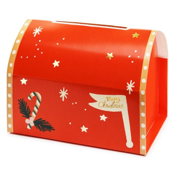 Roter Adventsbriefkasten in Form eines Päckchens mit Schneeflocken und Zuckerstange, dekorativ.