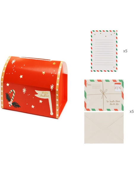 Roter Weihnachtsbriefkasten als Briefumschlagbox, mit Streifen und Sternen; daneben Karteikarten und Umschläge im Miniformat (je