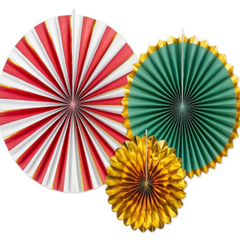 3 Rosette di carta rosse, verdi e dorate - Natale