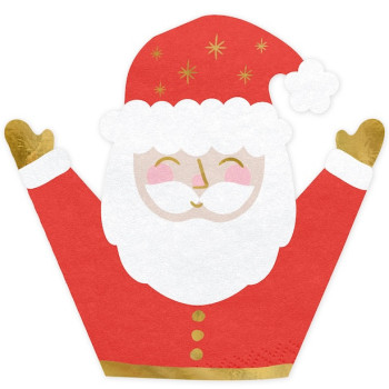 Serviettes de table Père Noël illustrant le père Noël souriant avec les bras levés, veste rouge et toque rouge.