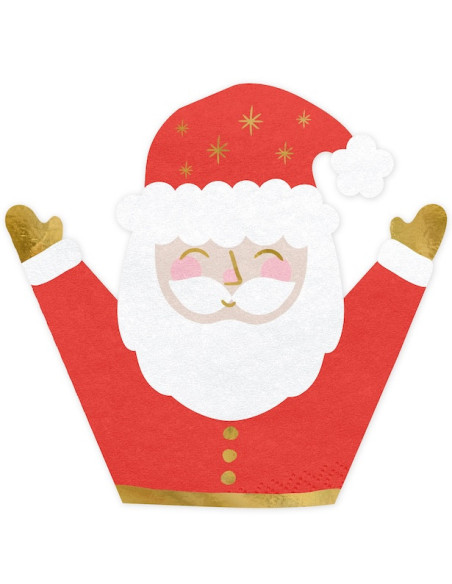 Serviettes de table Père Noël illustrant le père Noël souriant avec les bras levés, veste rouge et toque rouge.