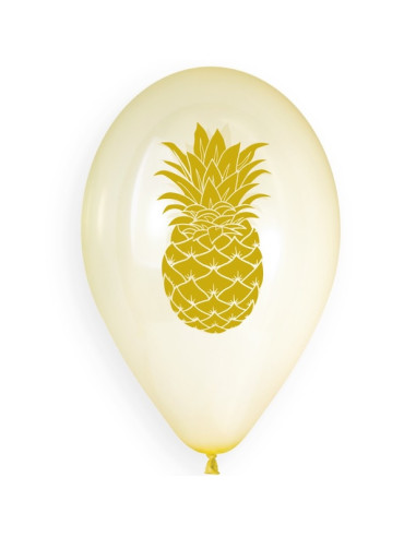 Ballon en latex doré avec impression ananas tropical, style fête et couleur ivoire.