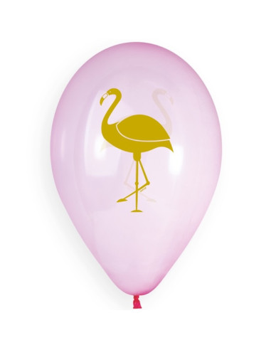 Ballon en latex translucide rose pastel avec impression flamant doré, destiné à la fête.