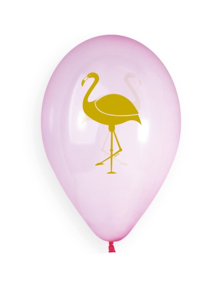 Ballon en latex translucide rose pastel avec impression flamant doré, destiné à la fête.