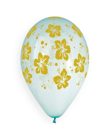Ballon en latex tropical doré à motifs hibiscus jaune clair sur fond bleu pastel, parfait pour fête.