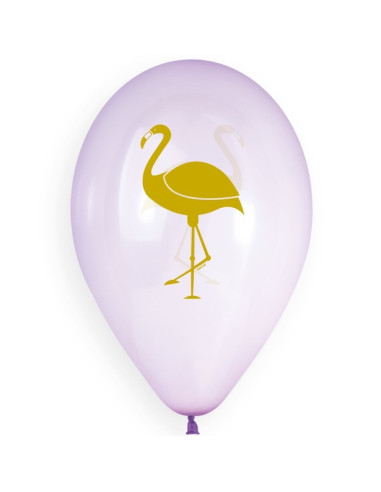Ballon en latex violet pastel avec dessin de flamant rose doré, prêt pour une fête. Ballons de fête Tropical Doré.