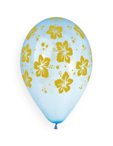 Ballon en latex tropical doré avec motif hibiscus sur fond bleu clair, destiné aux fêtes.