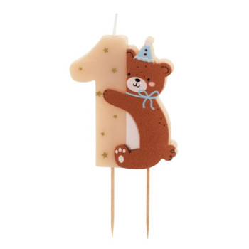 Bougie d'anniversaire Numéro 1 avec Ours en Peluche - Décoration Gâteau Bébé - Bellefete.ch