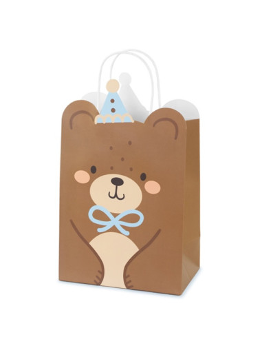 Teddybär-Geschenktüte mit Bändchen, bereit für Geburtstage oder Babypartys, brauner Papiersack mit Bärengesicht.
