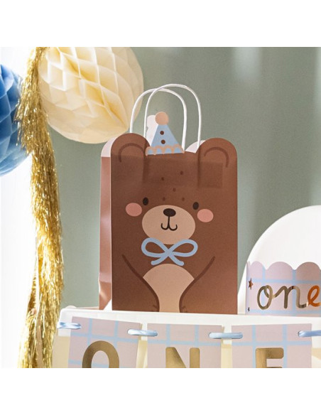 Teddybär-Geschenktüte mit Bärenmotiv, Geschenkverpackung für Geburtstage oder Babypartys, in braunem Design mit Schleife.