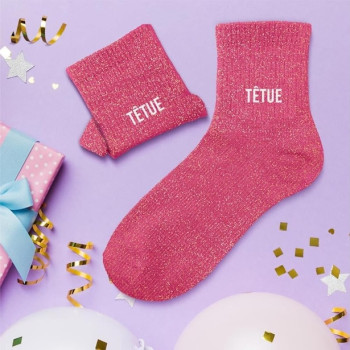 Chaussettes à paillettes roses femme « TÊTUE » – cadeau fun et original | BelleFete.ch