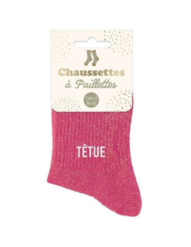 Pinke Glitzersocken für Damen „STUBBORN“ von BelleFete.ch, glitzernde Kniesocken mit Schriftzug TÉTUE, Verpackung mit Firmenname