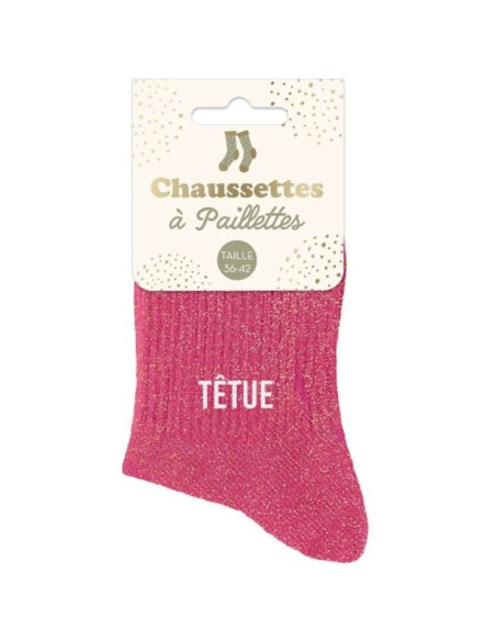Pinke Glitzersocken für Damen „STUBBORN“ von BelleFete.ch, glitzernde Kniesocken mit Schriftzug TÉTUE, Verpackung mit Firmenname