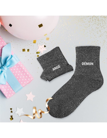 Schwarze Glitzer-Duo-Socken "ANGELO & DEMONE" - lustiges und originelles Geschenk | BelleFete.ch