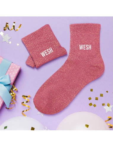 Chaussettes à paillettes roses « WESH » – cadeau fun et original | BelleFete.ch