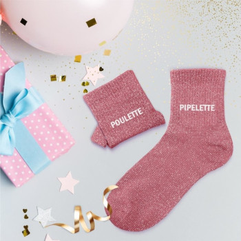 Calzini con paillettes duo rosa "POLLINE & PIPELETTE" - regalo divertente tra amiche | BelleFete.ch