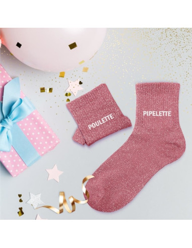 Chaussettes à paillettes duo rose « POULETTE & PIPELETTE » – cadeau fun entre amies | BelleFete.ch