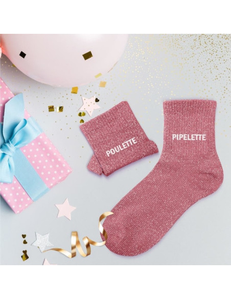 Chaussettes à paillettes duo rose « POULETTE & PIPELETTE » – cadeau fun entre amies | BelleFete.ch