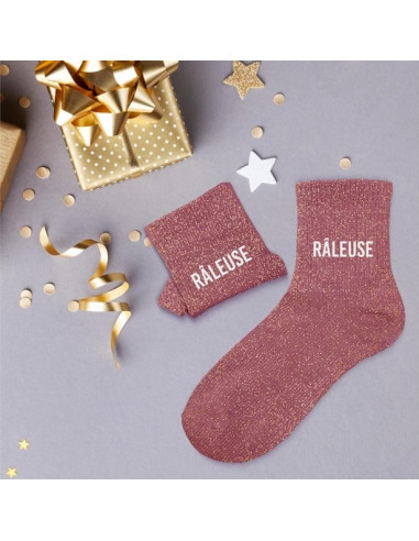 Chaussettes à paillettes pourpre « RÂLEUSE » – paire fun et originale | BelleFete.ch