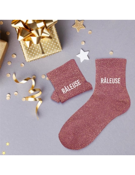 Chaussettes à paillettes pourpre « RÂLEUSE » – paire fun et originale | BelleFete.ch