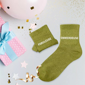 Calzini con paillettes duo verde kaki "FABULEUSE & EMMERDEUSE" - regalo divertente | BelleFete.ch
