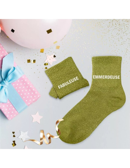 Chaussettes à paillettes duo vert kaki « FABULEUSE & EMMERDEUSE » – cadeau fun | BelleFete.ch
