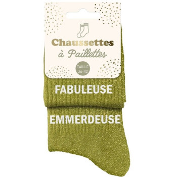 Khakigrüne Duo Paillettensocken "FABULEUSE & EMMERDEUSE" - lustiges Geschenk | BelleFete.ch 2