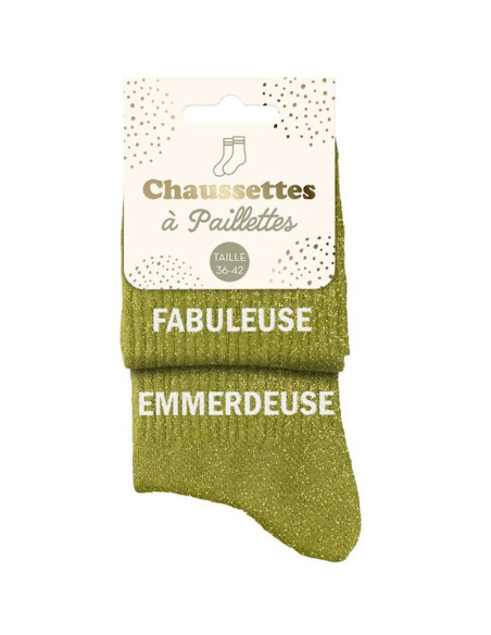 Chaussettes à paillettes duo vert kaki « FABULEUSE & EMMERDEUSE » | Cadeau fun | BelleFete.ch