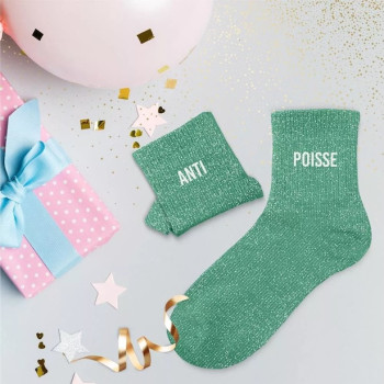 Chaussettes à paillettes duo vert émeraude « ANTI & POISSE » – cadeau fun et original | BelleFete.ch