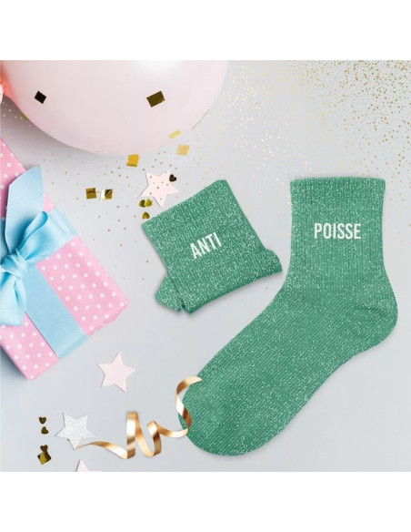 Smaragdgrüne Duo-Glitzersocken "ANTI & POISSON" - lustiges und originelles Geschenk | BelleFete.ch